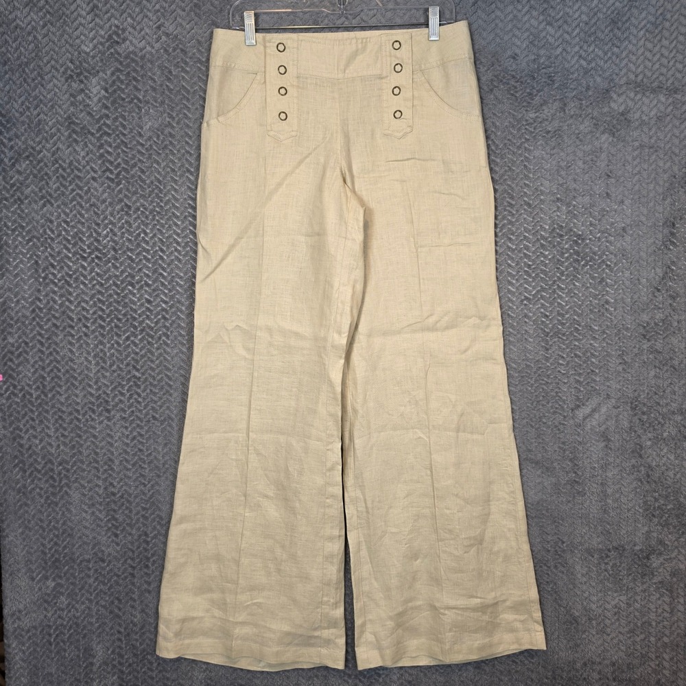 Venus The Luna Fit Beige 100% Linen Sailor Wide Leg Pants Womens 8‎ Z8872 SP13